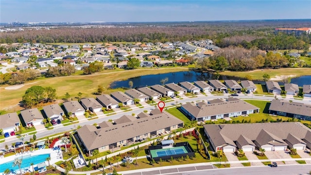 bird's eye view featuring a residential view, a water view, and golf course view