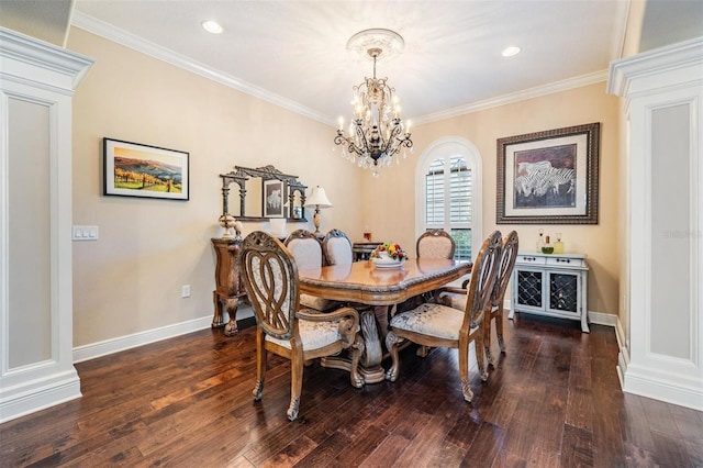 5914 Fitzgerald Rd, Odessa, FL 33556 - dining area with a chandelier, hardwood / wood-style flooring, crown molding, baseboards, and recessed lighting