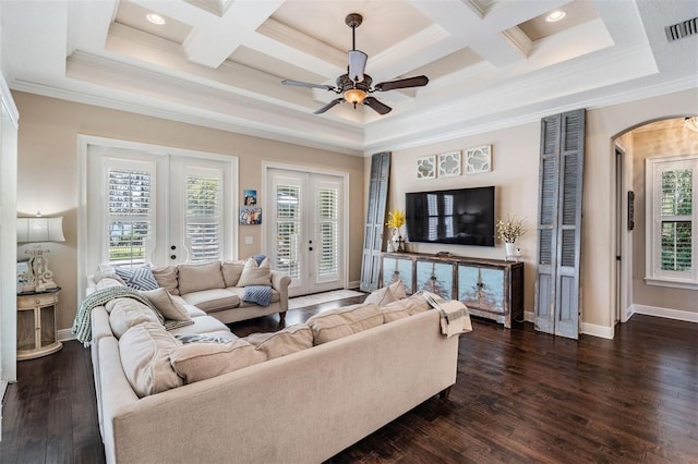 5914 Fitzgerald Rd, Odessa, FL 33556 - living room with ornamental molding, french doors, ceiling fan, plenty of natural light, and arched walkways