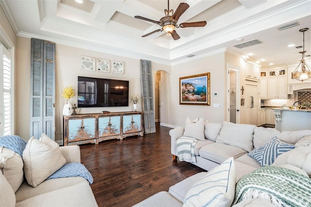 5914 Fitzgerald Rd, Odessa, FL 33556 - living area with crown molding, ceiling fan, dark wood-style flooring, recessed lighting, and baseboards