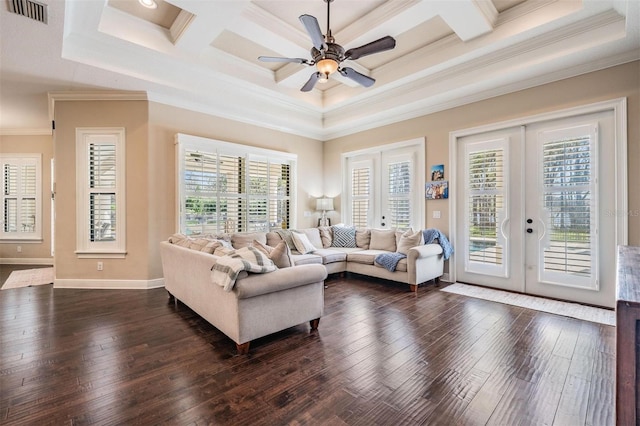 5914 Fitzgerald Rd, Odessa, FL 33556 - living area featuring french doors, ornamental molding, dark wood-style floors, ceiling fan, and coffered ceiling