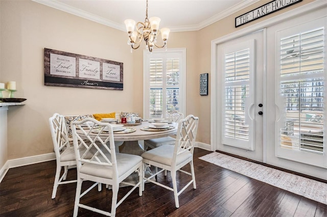 5914 Fitzgerald Rd, Odessa, FL 33556 - dining room featuring ornamental molding, a chandelier, baseboards, and dark wood-type flooring
