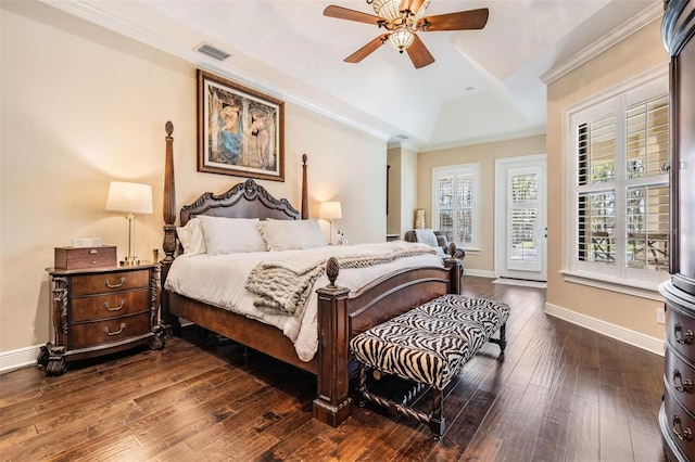 5914 Fitzgerald Rd, Odessa, FL 33556 - bedroom with access to exterior, dark wood finished floors, a raised ceiling, baseboards, and a ceiling fan