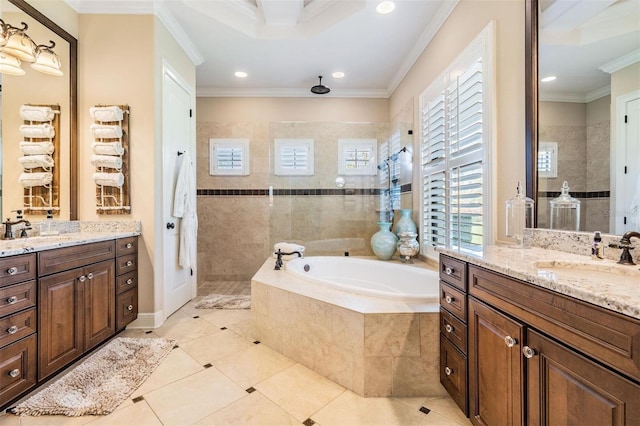 5914 Fitzgerald Rd, Odessa, FL 33556 - bathroom featuring walk in shower, a garden tub, ornamental molding, two vanities, and recessed lighting