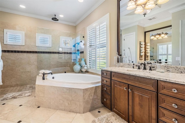 5914 Fitzgerald Rd, Odessa, FL 33556 - full bath with a walk in shower, a garden tub, crown molding, tile patterned floors, and vanity