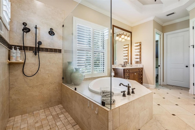 5914 Fitzgerald Rd, Odessa, FL 33556 - full bathroom with a bath, walk in shower, vanity, ornamental molding, and tile patterned floors