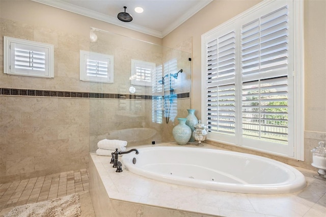 5914 Fitzgerald Rd, Odessa, FL 33556 - full bath featuring walk in shower, a tub with jets, and crown molding