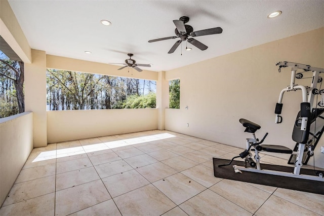 5914 Fitzgerald Rd, Odessa, FL 33556 - exercise area featuring plenty of natural light, recessed lighting, a ceiling fan, and tile patterned flooring