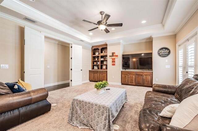 5914 Fitzgerald Rd, Odessa, FL 33556 - living area featuring ornamental molding, ceiling fan, a raised ceiling, carpet flooring, and recessed lighting