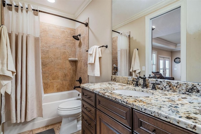 5914 Fitzgerald Rd, Odessa, FL 33556 - bathroom featuring crown molding, shower / tub combo with curtain, toilet, and vanity