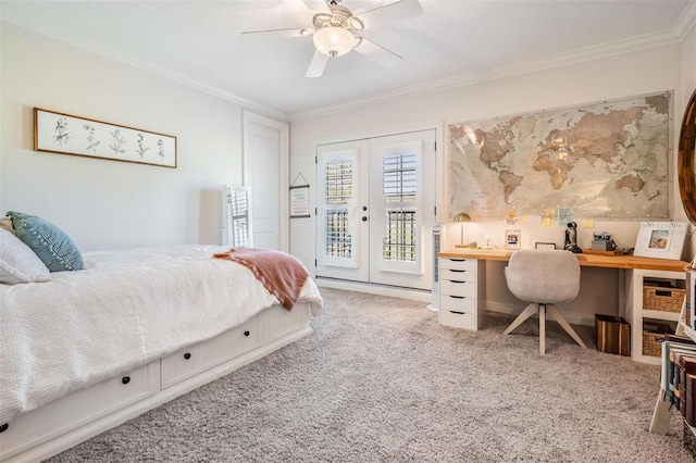 5914 Fitzgerald Rd, Odessa, FL 33556 - bedroom featuring access to exterior, crown molding, carpet flooring, french doors, and a desk