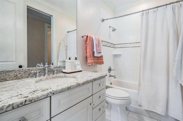 5914 Fitzgerald Rd, Odessa, FL 33556 - full bathroom with crown molding, shower / bath combo, toilet, tile patterned floors, and vanity