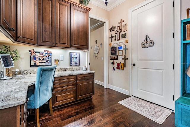 5914 Fitzgerald Rd, Odessa, FL 33556 - office area featuring crown molding, dark wood-style floors, and baseboards
