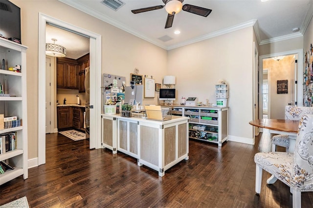 5914 Fitzgerald Rd, Odessa, FL 33556 - office area featuring ceiling fan, dark wood-style flooring, crown molding, baseboards, and recessed lighting