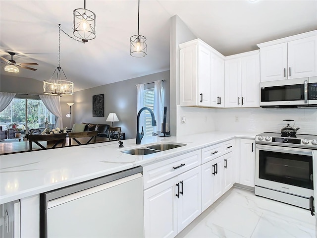 kitchen with dishwashing machine, stainless steel electric range oven, marble finish floor, a healthy amount of sunlight, and a sink