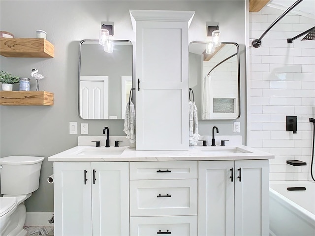 full bath with toilet, double vanity, shower / bath combo with shower curtain, and a sink