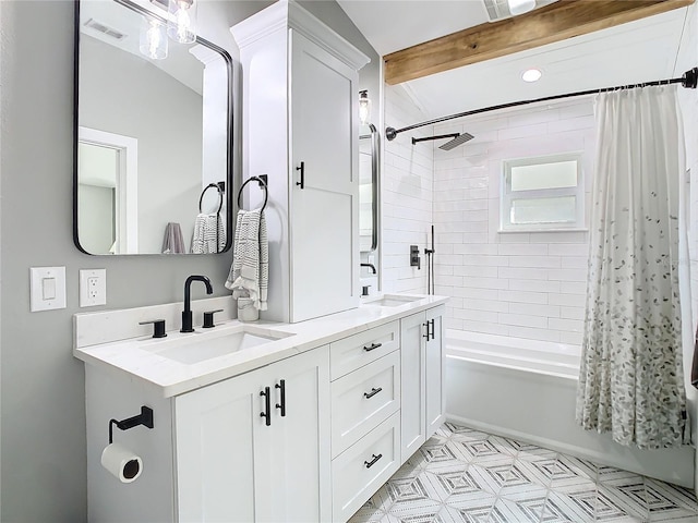 full bath featuring shower / tub combo, visible vents, a sink, and double vanity