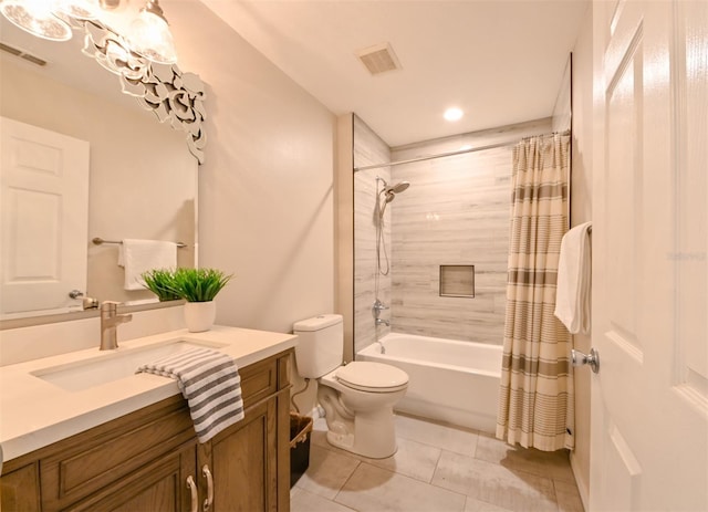 bathroom featuring shower / bath combo, vanity, toilet, tile patterned flooring, and visible vents