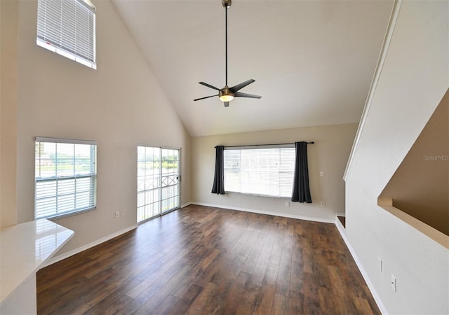 9730 Lake Chase Island Way Unit 9730, Tampa, FL 33626 - unfurnished living room with high vaulted ceiling, a ceiling fan, and dark wood-style flooring