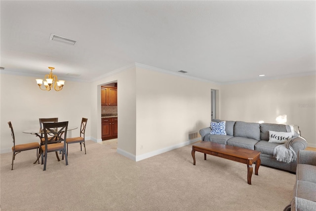 living area featuring light carpet, crown molding, and visible vents