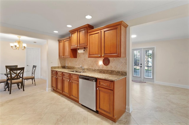 kitchen with ornamental molding, a sink, backsplash, and stainless steel dishwasher