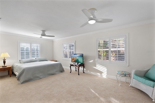 bedroom featuring baseboards, ornamental molding, and carpet flooring