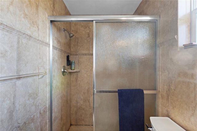 bathroom featuring a stall shower and toilet