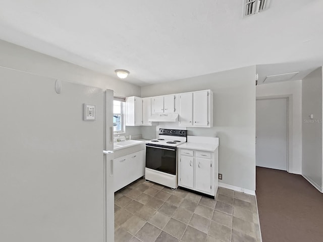 kitchen featuring visible vents, light countertops, under cabinet range hood, white cabinetry, and white electric range