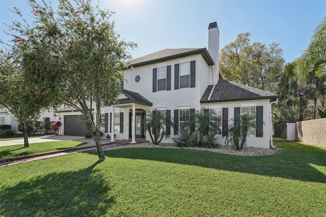 view of front of home with stucco siding, driveway, a front lawn, fence, and a chimney