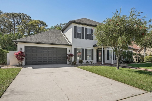 view of front of house featuring stucco siding, driveway, roof with shingles, a front yard, and a garage