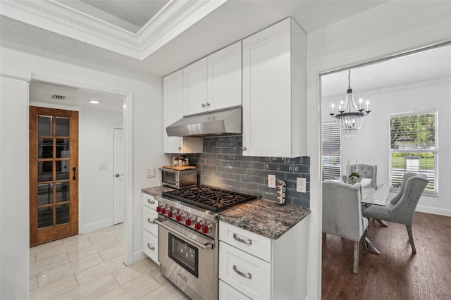 kitchen featuring ornamental molding, under cabinet range hood, backsplash, white cabinetry, and designer stove