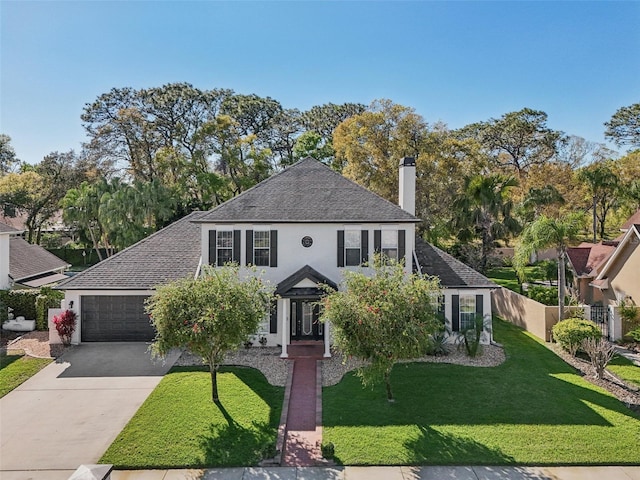 view of front of property featuring stucco siding, fence, concrete driveway, an attached garage, and a front yard