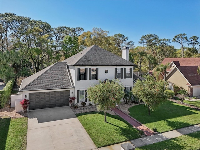 view of front of house featuring a front yard, fence, driveway, an attached garage, and a chimney