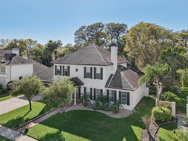 view of front of property featuring a shingled roof, a front lawn, fence, stucco siding, and driveway