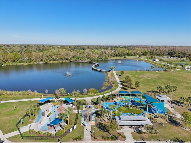 drone / aerial view with a water view