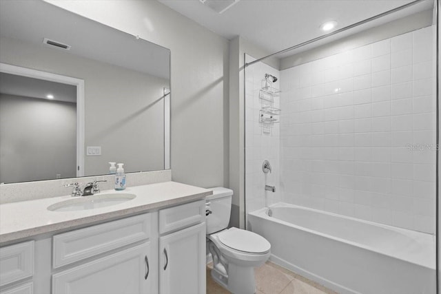 full bath featuring visible vents, toilet, tile patterned floors, tub / shower combination, and vanity