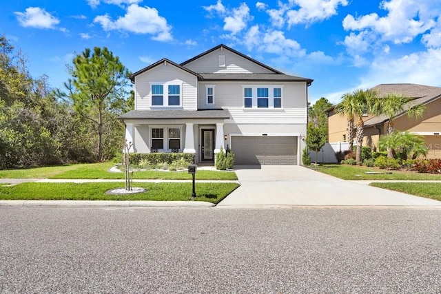 view of front of property featuring a garage, a shingled roof, a front lawn, and concrete driveway