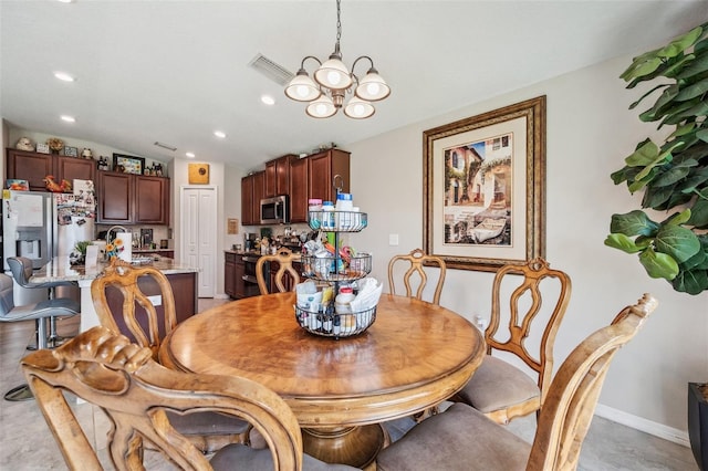 dining room with a chandelier, lofted ceiling, visible vents, and recessed lighting