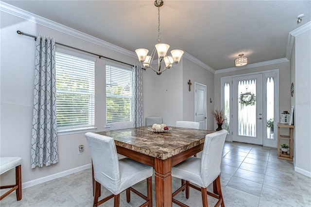 dining space with light tile patterned flooring, crown molding, and baseboards