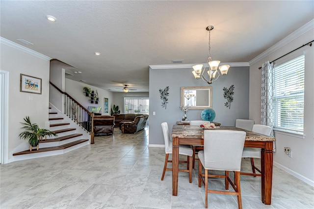 dining space with visible vents, crown molding, stairway, and baseboards