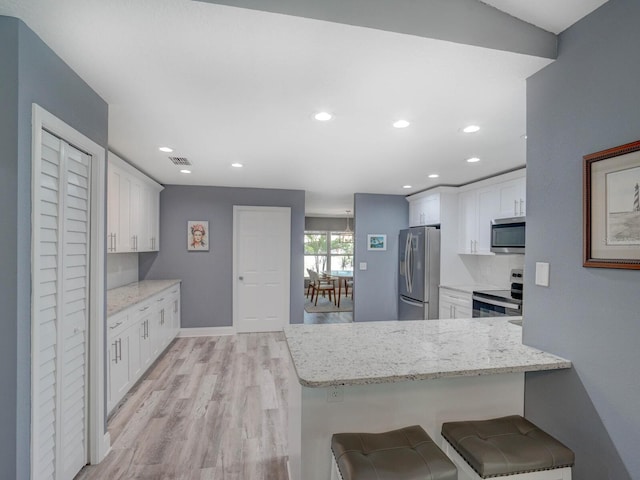 kitchen with visible vents, white cabinets, a peninsula, stainless steel appliances, and light wood-style floors