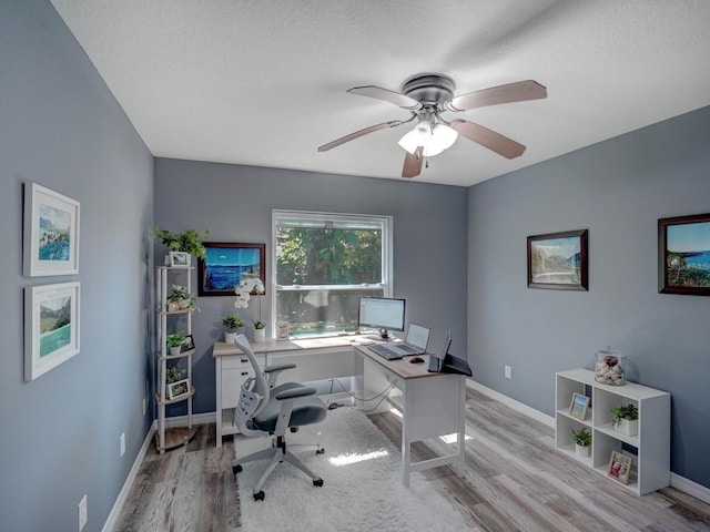 office featuring a ceiling fan, a textured ceiling, baseboards, and wood finished floors