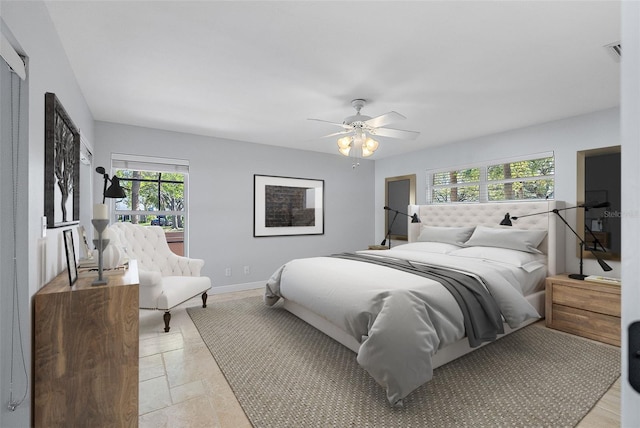 bedroom with visible vents, a ceiling fan, and baseboards