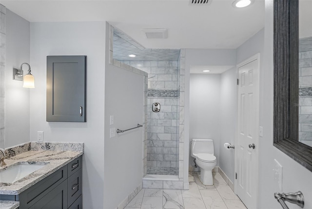 full bath with toilet, baseboards, marble finish floor, and walk in shower