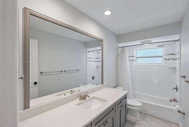 full bathroom featuring vanity, toilet, tile patterned flooring, and shower / tub combo with curtain