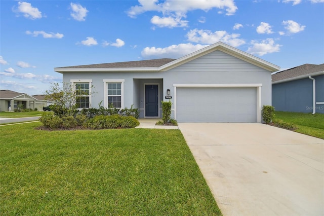 ranch-style house with a garage, driveway, a front lawn, and stucco siding