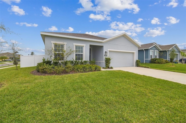 single story home featuring a garage, a front lawn, concrete driveway, and stucco siding