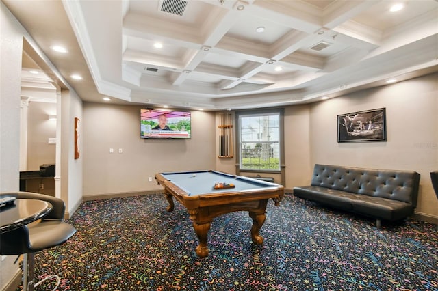 playroom with visible vents, coffered ceiling, beamed ceiling, and carpet flooring