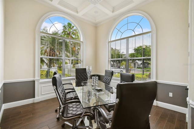 dining space with dark wood-type flooring, beam ceiling, coffered ceiling, and baseboards