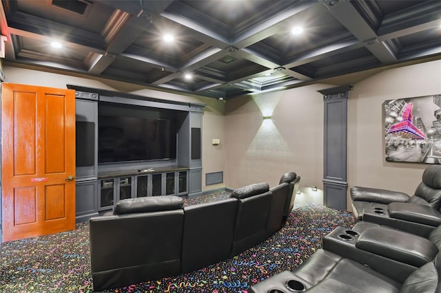 carpeted home theater room featuring visible vents, coffered ceiling, beam ceiling, and recessed lighting